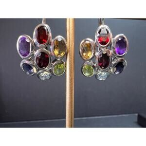 Vintage multi gemstone cluster boho earrings in sterling silver